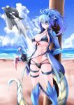  1boy 1girl absurdres annes_(g_(genesis1556)) artist_name bangs beach bikini black_bikini blue_eyes blue_hair blue_jacket blue_sky breasts cleavage closed_mouth clothing_cutout cloud collarbone commentary covered_nipples cowboy_shot day dolphin dragon_boy dragon_girl dragon_horns dragon_tail eyebrows_visible_through_hair eyepatch g_(genesis1556) groin hair_between_eyes headbutt high_ponytail highres horns jacket jewelry long_hair looking_at_viewer monster_girl multi-strapped_bikini navel necklace ocean ootachi open_clothes open_jacket orca original outdoors ponytail rio_(g_(genesis1556)) scales scar scar_across_eye shadow shark sheath sheathed shoulder_cutout sidelocks skindentation sky solo_focus standing stitches stomach swimsuit tail thigh_strap tree watermark 