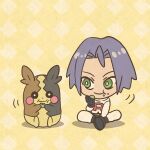  1boy chibi eating gen_8_pokemon green_eyes james_(pokemon) mojacookie morpeko pokemon pokemon_(anime) pokemon_(creature) sitting team_rocket yellow_background 