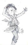  1girl absurdres boots cowboy_boots cowboy_hat gloves greyscale grin hat highres idolmaster idolmaster_cinderella_girls monochrome one_eye_closed pants ryuuzaki_kaoru scarf short_hair sketch smile solo togoshi_plum_(artist) vest 