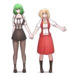  2girls ascot bare_shoulders black_ribbon black_skirt blonde_hair blue_eyes boots collarbone collared_shirt commission cosplay costume_switch cross-laced_footwear english_commentary eyebrows_visible_through_hair frilled_shirt frills green_hair hair_ornament highres holding_hands hololive hololive_english holster kazami_yuuka kazami_yuuka_(cosplay) lace-up_boots long_skirt mata_(matasoup) monocle_hair_ornament multiple_girls notice_lines off-shoulder_shirt off_shoulder open_clothes open_vest pantyhose plaid plaid_skirt plaid_vest red_eyes red_skirt red_vest ribbon shirt short_hair side_ponytail simple_background skirt skirt_set smile suspenders touhou vest watson_amelia watson_amelia_(cosplay) white_background white_shirt yellow_neckwear zipper zipper_pull_tab zipper_skirt 