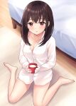  1girl bangs barefoot bed blush bra_strap breasts brown_hair cleavage collarbone collared_shirt cup expressionless floor highres holding holding_cup indoors long_hair long_sleeves looking_at_viewer open_mouth original red_eyes shirt sitting sitting_on_floor solo wariza white_shirt yukimaru217 