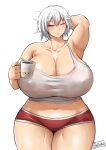  arm_up armpits batako1812 blush breasts cleavage coffee collarbone commission covered_nipples curvy gigantic_breasts highres midriff mole_on_cheek navel one_eye_closed original red_eyes short_hair short_shorts shorts sleepy strap_slip tank_top thick_thighs thighs white_hair wide_hips 