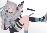  1girl animal_ears ar-15 bangs cat_ears cat_girl grey_hair gun highres hoji_(hooooooooji1029) hood hoodie long_sleeves magazine_(weapon) original rifle shoes short_hair silver_hair simple_background solo submachine_gun weapon white_background white_footwear white_hoodie yellow_eyes 