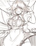  1girl :d alternate_costume apron arm_cannon bangs bird_wings bow breasts cowboy_shot efukei eyebrows_visible_through_hair greyscale hair_bow highres large_breasts long_hair looking_at_viewer maid monochrome open_mouth petticoat reiuji_utsuho smile solo standing third_eye touhou v-shaped_eyebrows weapon wings wrist_cuffs 