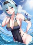  1girl absurdres bare_shoulders black_swimsuit blue_sky breasts cleavage den_den489 eula_lawrence genshin_impact hairband hand_on_hip highleg highleg_swimsuit highres large_breasts looking_at_viewer medium_hair ocean one-piece_swimsuit partially_submerged sky sleeveless swimsuit water wet 