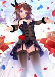  1girl :d bang_dream! bangs bare_shoulders black_choker black_legwear black_leotard blurry blurry_background breasts brown_hair chain choker commentary_request detached_sleeves dress_flower feet_out_of_frame flower frilled_cape from_below fur-trimmed_sleeves fur_trim garter_straps groin hair_ornament halterneck highleg highleg_leotard highres lace-trimmed_legwear lace_trim leotard looking_at_viewer medium_breasts medium_hair nail_polish open_mouth outstretched_arms petals purple_eyes red_flower red_nails red_rose rose smile solo spread_arms stairs standing star_(symbol) star_hair_ornament thighhighs toyama_kasumi tsurugi_hikaru waist_cape 
