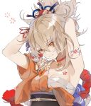  1girl absurdres adjusting_hair arm_tattoo armpits arms_up bandages breasts chest_tattoo choker genshin_impact highres japanese_clothes kimono kuroshirox looking_at_viewer orange_eyes orange_kimono sarashi small_breasts smile solo tattoo tied_hair upper_body yoimiya_(genshin_impact) 