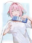  1girl ahoge blue_hair closed_eyes commentary_request cup decantering drinking_glass failure hair_intakes hamachamu highres holding holding_cup idolmaster idolmaster_cinderella_girls milk milk_carton multicolored_hair open_mouth pink_hair pouring shirt short_hair skeleton_print solo two-tone_hair upper_body white_shirt you&#039;re_doing_it_wrong yumemi_riamu 