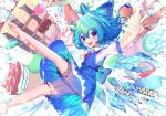  1girl :d bloomers blue_dress blue_eyes blue_hair blush bow cake cirno dress food foot_out_of_frame frills hair_bow happy highres ice ice_cream ice_cream_cone ice_wings kiramarukou looking_at_viewer open_mouth popsicle shaved_ice short_hair smile soft_serve solo touhou underwear wings 