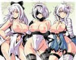  3girls areolae black_bow blindfold bocodamondo bow breasts breasts_outside cleavage company_connection creator_connection drag-on_dragoon drag-on_dragoon_3 flower_over_eye hair_bow highres kaine_(nier) large_breasts leaning_on_person multiple_girls nier nier_(series) nier_automata nipples short_hair silver_hair simple_background topless trait_connection upper_body yorha_no._2_type_b zero_(drag-on_dragoon) 