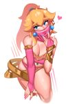  1girl absurdres blonde_hair blue_eyes breasts cleavage crossover earrings gerudo highres jewelry kevbot mario_(series) nail_polish ponytail princess_peach revealing_clothes smile solo super_mario_bros. the_legend_of_zelda thick_lips tied_hair veil white_background 