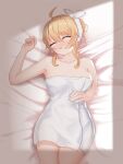  1girl absurdres ahoge bangs blonde_hair blush breasts closed_eyes haru_estia highres lhj85313 lying naked_towel on_back on_bed open_mouth short_hair sleeping solo soul_worker towel 