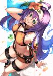  1girl :p ahoge bare_shoulders bikini breasts fire_emblem fire_emblem:_path_of_radiance fire_emblem_heroes flower from_above green_eyes hair_between_eyes hair_flower hair_ornament hairband hibiscus highres looking_at_viewer medium_breasts mia_(fire_emblem) nakabayashi_zun o-ring official_alternate_costume orange_bikini purple_hair sandals sitting smile solo swimsuit tongue tongue_out white_hairband wristband 