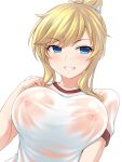  1girl bangs blonde_hair blue_eyes blush breasts collarbone commentary_request eyebrows_visible_through_hair grin hair_bun hair_ornament heart heart_hair_ornament highres idolmaster idolmaster_cinderella_girls large_breasts long_hair looking_at_viewer nipples no_bra ohtsuki_yui pataneet see-through shirt short_sleeves sidelocks simple_background smile solo sweat upper_body wet wet_clothes wet_shirt 
