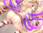  1girl ajishio all_fours aqua_eyes ass bangs blonde_hair blunt_bangs breasts censored diadem dragon_providence from_above game_cg horns large_breasts long_hair looking_at_viewer looking_back mosaic_censoring nail_polish nipples official_art open_mouth red_nails solo very_long_hair 