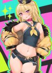  1girl asiamaster azur_lane bache_(azur_lane) belt black_sailor_collar blonde_hair collar cowboy_shot cutoffs fishnet_legwear fishnets fur-trimmed_jacket fur_trim hat heart heart-shaped_pupils highres jacket micro_shorts midriff mini_hat navel neckerchief off_shoulder open_clothes open_shorts purple_eyes sailor_collar shorts single_thighhigh sleeveless symbol-shaped_pupils thick_eyebrows thighhighs yellow_jacket yellow_neckwear 