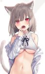  1girl :o absurdres akino_ell animal_ear_fluff animal_ears bare_shoulders breasts cat_ears cat_girl cat_tail collared_shirt crop_top fangs finger_in_mouth grey_hair highres jacket long_sleeves looking_at_viewer medium_breasts midriff navel neck_ribbon off_shoulder open_clothes open_jacket open_mouth original red_eyes ribbed_shirt ribbon shirt short_hair simple_background sleeveless sleeveless_shirt solo stomach tail underboob upper_body white_background white_jacket white_shirt 