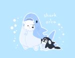  animal_costume bear bird black_eyes blue_background chai costume english_text highres no_humans original penguin polar_bear shark_costume simple_background standing 