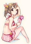  1girl amezawa_koma barefoot bikini_skirt blush brown_eyes brown_hair flower from_side grey_background hair_flower hair_ornament holding idolmaster idolmaster_cinderella_girls imai_kana legs looking_at_viewer looking_to_the_side one_eye_closed parted_lips pink_flower pink_skirt red_ribbon ribbon simple_background sitting skirt solo twintails yellow_flower 