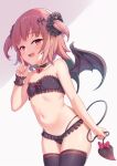  1girl :d bandeau bangs bare_arms bare_shoulders black_choker black_legwear black_panties black_scrunchie blush bow breasts choker collarbone commentary_request demon_girl demon_tail demon_wings eyebrows_visible_through_hair fang frills hair_ornament hair_scrunchie highres leaning_forward looking_at_viewer navel open_mouth original panties revision scrunchie shimokirin skindentation small_breasts smile solo stomach strapless tail tail_bow tail_ornament thighhighs underwear underwear_only wings wrist_cuffs 