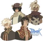  4boys ahoge armor assassin_(ragnarok_online) bags_under_eyes bandages bangs black_coat black_hair blue_eyes brown_capelet capelet chainmail closed_mouth coat commentary copyright_name cropped_torso cross cross_necklace dark-skinned_male dark_skin dated_commentary english_commentary eyebrows_visible_through_hair grandyoukan green_eyes green_hair grin hair_between_eyes hair_over_one_eye helmet high_ponytail horned_helmet jewelry knight_(ragnarok_online) logo looking_at_viewer male_focus medium_hair multiple_boys necklace open_clothes open_coat pauldrons pince-nez priest_(ragnarok_online) purple_shirt ragnarok_online red_coat red_eyes red_scarf red_shirt scarf shirt short_hair shoulder_armor simple_background sleeveless sleeveless_shirt smile tabard two-tone_coat upper_body white_background white_hair wizard_(ragnarok_online) yellow_eyes 