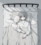  1boy absurdres avogado6 bags_under_eyes bed_sheet black_eyes closed_mouth collared_shirt commentary from_above grey_background grey_hair highres long_sleeves male_focus mannequin muted_color on_bed original pillow shirt simple_background solo white_shirt wide-eyed wing_collar 