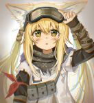  1girl :o adjusting_eyewear animal_ear_fluff animal_ears arknights bangs black_gloves black_scarf blonde_hair ccclann chromatic_aberration dirty dirty_face eyewear_on_head fingerless_gloves fox_ears fox_girl fox_tail gloves goggles goggles_on_head green_eyes hand_up handkerchief highres id_card official_alternate_costume open_mouth scarf solo suzuran_(arknights) suzuran_(lostlands_flowering)_(arknights) tail upper_body 