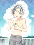  1boy bangs black_hair black_male_swimwear blue_sky brown_eyes cloud cloudy_sky collarbone cup day disposable_cup eyebrows_visible_through_hair fang grey_hair holding holding_cup kamiyoshi_rika looking_at_viewer male_focus male_swimwear multicolored_hair navel nijisanji open_mouth outdoors railing shaved_ice sky solo standing streaked_hair suzuki_masaru sweat swim_trunks v-shaped_eyebrows virtual_youtuber 