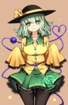  1girl blouse breasts brown_background cleavage cowboy_shot eyeball floral_print green_eyes green_hair green_skirt hat heart heart_of_string highres komeiji_koishi large_breasts medium_hair oversized_clothes pantyhose raptor7 simple_background skirt smile solo third_eye touhou yellow_blouse 