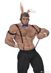  1boy abs alternate_costume amo9612 animal_ears arm_hair bara beard black_pants blush bow bowtie brown_hair bulge bunny_ears chest_hair chris_redfield dark-skinned_male dark_skin detached_collar facial_hair feet_out_of_frame hairy headphones highres large_pectorals looking_at_viewer male_focus male_playboy_bunny mature_male muscular muscular_male navel navel_hair nipples pants pectorals resident_evil resident_evil_5 shirtless short_hair smile solo stomach stubble suspenders thick_thighs thighs tight tight_pants undercut 