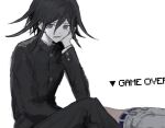  2boys arm_support bangs belt black_hair black_jacket black_pants blue_belt cheek_rest closed_mouth commentary_request danganronpa_(series) danganronpa_v3:_killing_harmony dual_persona eyebrows_visible_through_hair game_over grey_pants hair_between_eyes hand_on_own_face iumi_urura jacket long_sleeves looking_at_viewer lying male_focus multiple_boys on_back open_mouth ouma_kokichi pale_skin pants simple_background sitting white_background 