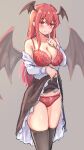  1girl absurdres bat_wings black_legwear black_skirt black_wings blush bra breasts cleavage clothes_lift forneus_0 grey_background head_wings highres koakuma large_breasts lifted_by_self long_hair long_sleeves off_shoulder panties red_bra red_eyes red_hair red_panties shirt simple_background skirt skirt_lift solo thighhighs touhou underwear white_shirt wings 