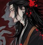  1boy absurdres bangs black_hair black_kimono closed_mouth ear_piercing getou_suguru grey_eyes hair_pulled_back hand_up highres japanese_clothes jennyandloiryan jujutsu_kaisen kimono looking_away male_focus open_mouth paint_splatter piercing profile red_background silhouette solo stitches upper_body 