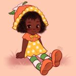  1girl afro arm_support black_eyes black_hair blush bonnet bow button_nose capelet child clenched_hands curly_hair dark-skinned_female dark_skin doll dress feet flower_hat food green_legwear orange_blossom_(sbsc) orange_blossoms orange_capelet orange_footwear orange_headwear petite ribbon shoe_soles shoes short_hair sitting smile strawbanna strawberry_shortcake strawberry_shortcake_(copyright) striped striped_legwear toy yellow_dress 