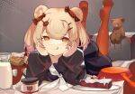  1girl :q animal_ears arknights bangs bear_ears bear_girl black_jacket blonde_hair blue_skirt blush bread candy_hair_ornament chinese_commentary commentary_request eyebrows_visible_through_hair food food-themed_hair_ornament frying_pan gummy_(arknights) hair_ornament hairpin head_rest highres indoors jacket jam licking_lips long_sleeves looking_at_viewer lying milk neckerchief on_stomach orange_eyes pantyhose red_legwear sailor_collar sakurami_sumi school_uniform serafuku short_hair skirt soles solo stuffed_animal stuffed_toy teddy_bear tongue tongue_out white_neckwear white_sailor_collar 