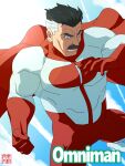  1boy absurdres bara black_hair blue_eyes bodysuit bulge bunta_ru cape facial_hair flying highres invincible_(series) male_focus mature_male multicolored_hair muscular muscular_male mustache old old_man omniman pectorals red_bodysuit red_cape short_hair sideburns skin_tight solo two-tone_hair western_comics wind 