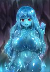  1girl :d absurdres arm_at_side bangs blue_hair blue_skin breasts cave colored_skin copyright_request dripping eyebrows_visible_through_hair hand_up highres korean_commentary lactation large_breasts long_hair looking_at_viewer monane4 monster_girl navel nipples nude open_mouth red_eyes slime_girl smile standing wet 