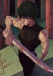  1girl angusbeef30 bare_arms belt biceps black_hair black_pants blood blood_splatter blood_stain bloody_clothes bloody_weapon burn_scar green_hair highres holding holding_weapon jujutsu_kaisen looking_away muscular muscular_female one_eye_closed pants pillar scar scar_across_eye shirt short_hair shoulders sleeveless sleeveless_shirt spoilers standing sword weapon zen&#039;in_maki 