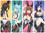  4girls :d ace_of_clubs ace_of_diamonds ace_of_hearts ace_of_spades adjusting_eyewear agatsuma_kaede alice_gear_aegis animal_ears ass black_eyes black_hair black_legwear blue_bow blue_eyes blue_hair bow brown_eyes brown_hair bunny_ears bunny_pose bunny_tail closed_mouth column_lineup commentary detached_collar fake_animal_ears fake_tail glasses half_updo leotard momoshina_fumika multiple_girls ochanomizu_mirie open_mouth pinakes pink_bow playboy_bunny smile tail usamoto_anna wrist_cuffs 