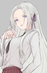 1girl alternate_costume banned_artist black_neckwear breasts commentary_request contemporary edelgard_von_hresvelg fire_emblem fire_emblem:_three_houses forehead grey_background hair_ribbon highres long_hair long_sleeves looking_at_viewer necktie parted_lips pleated_skirt purple_eyes purple_ribbon purple_skirt ribbon shimizu_akina shirt silver_hair simple_background skirt small_breasts solo upper_body very_long_hair white_shirt 