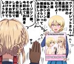  2girls =3 bangs black_gloves black_ribbon blonde_hair blue_eyes blue_skirt blue_sweater blush braid commentary crossover darjeeling_(girls_und_panzer) eyebrows_visible_through_hair fume girls_und_panzer gloves hair_ribbon heart heart-shaped_pupils highres holding holding_hands interlocked_fingers light_frown long_sleeves looking_at_another mechanical_arms multiple_girls nude omachi_(slabco) open_mouth pleated_skirt poster_(object) ribbon school_uniform short_hair skirt smile st._gloriana&#039;s_school_uniform standing sweater symbol-shaped_pupils tied_hair translated twin_braids v-shaped_eyebrows violet_evergarden violet_evergarden_(character) yuri 