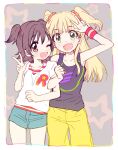  2girls :d akagi_miria amezawa_koma blonde_hair blue_shorts brown_eyes brown_hair commentary_request cowboy_shot fangs hair_ornament hair_scrunchie hand_up idolmaster idolmaster_cinderella_girls jougasaki_rika locked_arms long_hair looking_at_viewer multiple_girls one_eye_closed open_mouth pants scrunchie shirt shorts sleeveless sleeveless_shirt smile twintails two_side_up w white_shirt wristband yellow_pants 