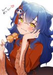  1girl :t absurdres bangs blue_hair blue_nails blush check_translation closed_mouth clothing_request commentary_request eating eyebrows_visible_through_hair food frilled_sleeves frills hair_between_eyes hand_on_own_cheek hand_on_own_face hands_up heart highres holding kodama_(koda_mat) long_hair long_sleeves looking_at_viewer nail_polish original red_shirt shirt simple_background skewer smile solo translation_request upper_body white_background wide_sleeves yellow_eyes 