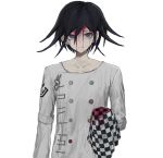  1boy bangs black_hair blood blood_on_face bloody_clothes buttons checkered checkered_floor checkered_scarf collarbone danganronpa_(series) danganronpa_v3:_killing_harmony double-breasted frown grey_jacket hair_between_eyes holding holding_clothes holding_scarf iumi_urura jacket looking_at_viewer male_focus ouma_kokichi purple_eyes scarf scarf_removed simple_background solo upper_body white_background 