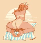  anus ass back beach beach_towel bikini_tan crown earrings flower_earrings from_behind green_eyes highres jewelry kneeling mario_(series) nude princess_daisy pussy pussy_juice red_hair sun sunset tan tanline thighs towel winton_kidd 