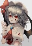  1girl :o absurdres ascot bat_wings blood bloody_clothes breasts brooch cropped_torso grey_background grey_hair hat highres jewelry maho_moco mob_cap red_eyes remilia_scarlet short_hair simple_background small_breasts solo tongue tongue_out touhou upper_body wings 
