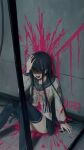  1girl :d against_wall bangs black_hair black_legwear blood blood_splatter bloody_clothes blue_hair breasts character_name collarbone commentary_request danganronpa:_trigger_happy_havoc danganronpa_(series) grey_shirt hair_ornament hairclip hand_on_own_head hand_up highres injury iumi_urura knees_up laughing long_hair long_sleeves maizono_sayaka medium_breasts open_mouth pink_blood sailor_collar school_uniform shaded_face shirt sitting skirt smile solo spoilers stab thighhighs 