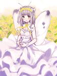  1girl amezawa_koma antennae breasts butterfly_costume butterfly_wings cleavage closed_mouth dress green_eyes grey_hair hairband interlocked_fingers long_hair looking_at_viewer original own_hands_together smile solo two_side_up white_dress wings 