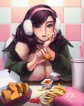  1girl banned_artist bare_shoulders beryl_(junkpuyo) breast_press breast_rest breasts chicken_nuggets choker cleavage dipping dripping earmuffs food food_focus french_fries hand_on_own_face head_rest highres jacket jacket_partially_removed jewelry junkpuyo large_breasts looking_at_viewer original pink_lips ring seductive_smile smile spaghetti_strap tank_top tile_wall tiles wedding_ring 