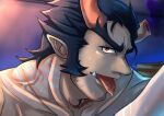  1boy absurdres bara beard broken_horn close-up collarbone completely_nude dark_blue_hair demon_boy demon_horns face facial_hair fang fiery_horns forked_eyebrows highres horns huge_filesize kageru_(mofnyan) long_sideburns looking_at_viewer male_focus mature_male muscular muscular_male nude pointy_ears red_eyes saliva sexually_suggestive short_hair sideburns smug solo stubble takemaru_(tokyo_houkago_summoners) thick_eyebrows tokyo_houkago_summoners tongue tongue_out 